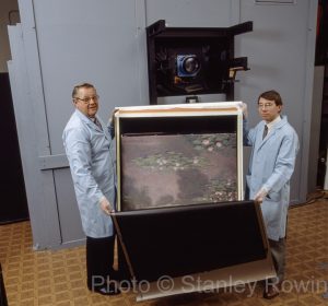 1:1 replica of Monet’s “Water Lilies I, 1905” shot on Polaroid 40 x 80” camera (behind the 2 technicians) at Boston’s Museum of Fine Arts